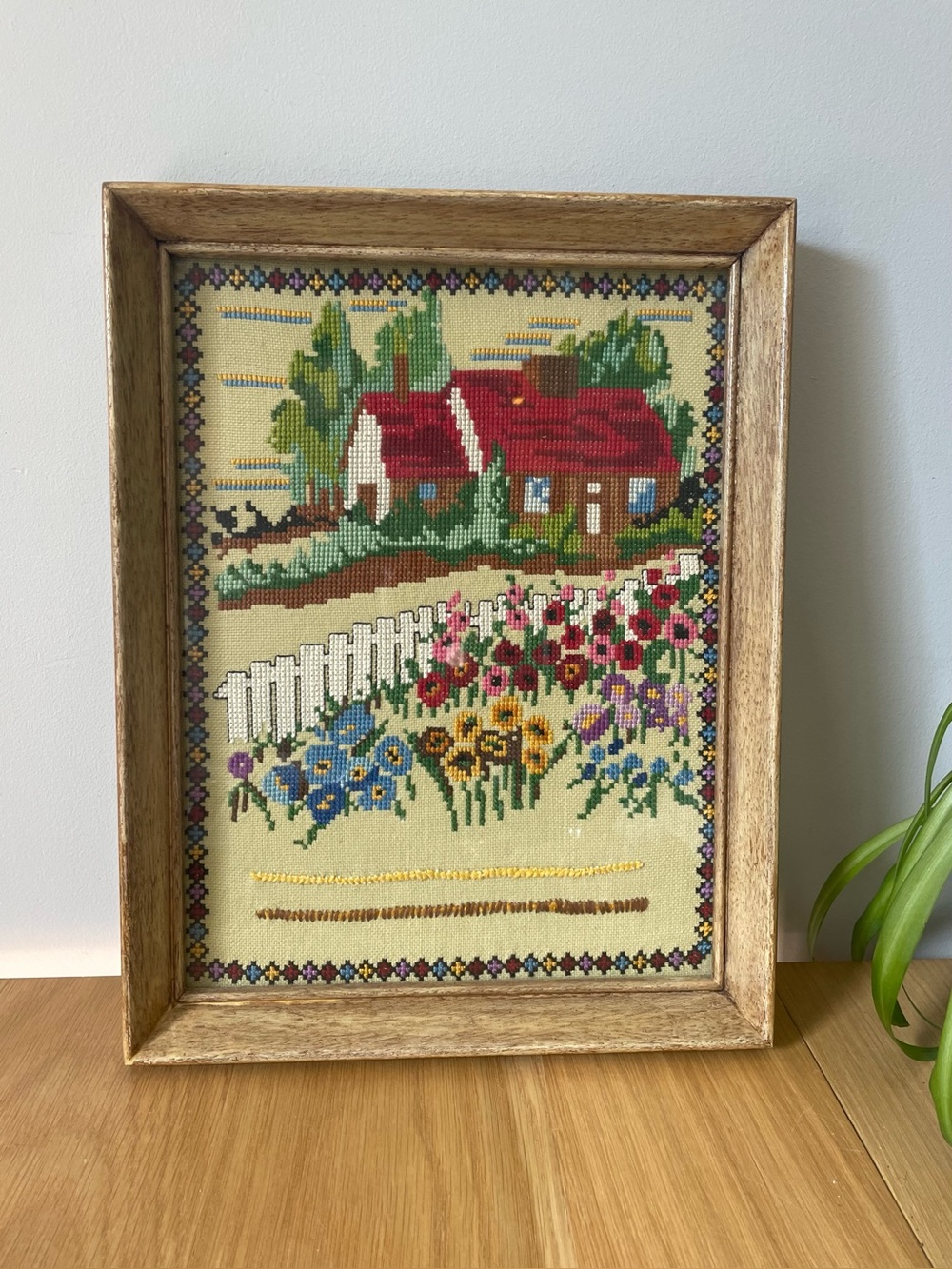 Vintage Framed Cross Stitch Cottage with Red Roof and Floral Garden 13 x 10